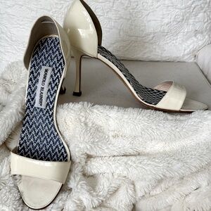 Manolo Blahnik Cream Patent Leather Peep-toe, Open Side, Covered Heel Stilettos